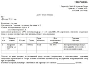 Образец акта списания бракованных товаров